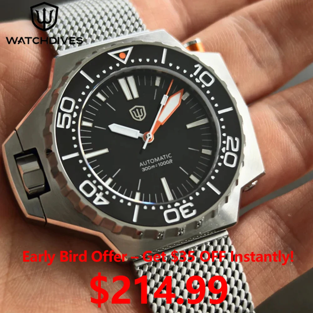 Фото Автоматические часы для дайвинга Watchdives WD1968 PT5004/PT5000 из нержавеющей стали 316L с сапфировым стеклом, светящимся керамическим безелем, винтажные часы №1