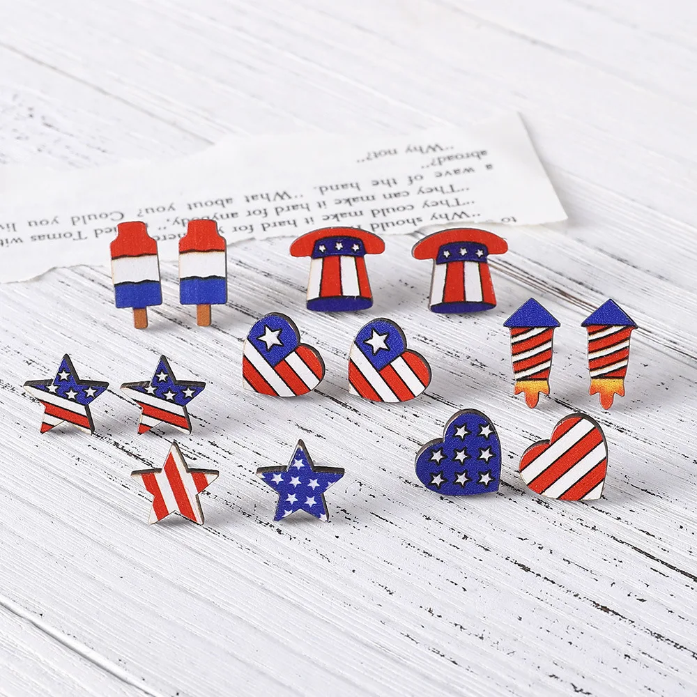 

New American Independence Day Stud Earrings Heart Shaped Pentagon Rocket Red and White Stripes Flag Color Matching Wood Earrings