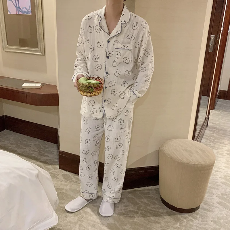 Cartoon Bear Print Autumn Home Suit Women Cotton Casual Two Piece Home Suit Kawaii Single Breasted Shirts + Trousers White