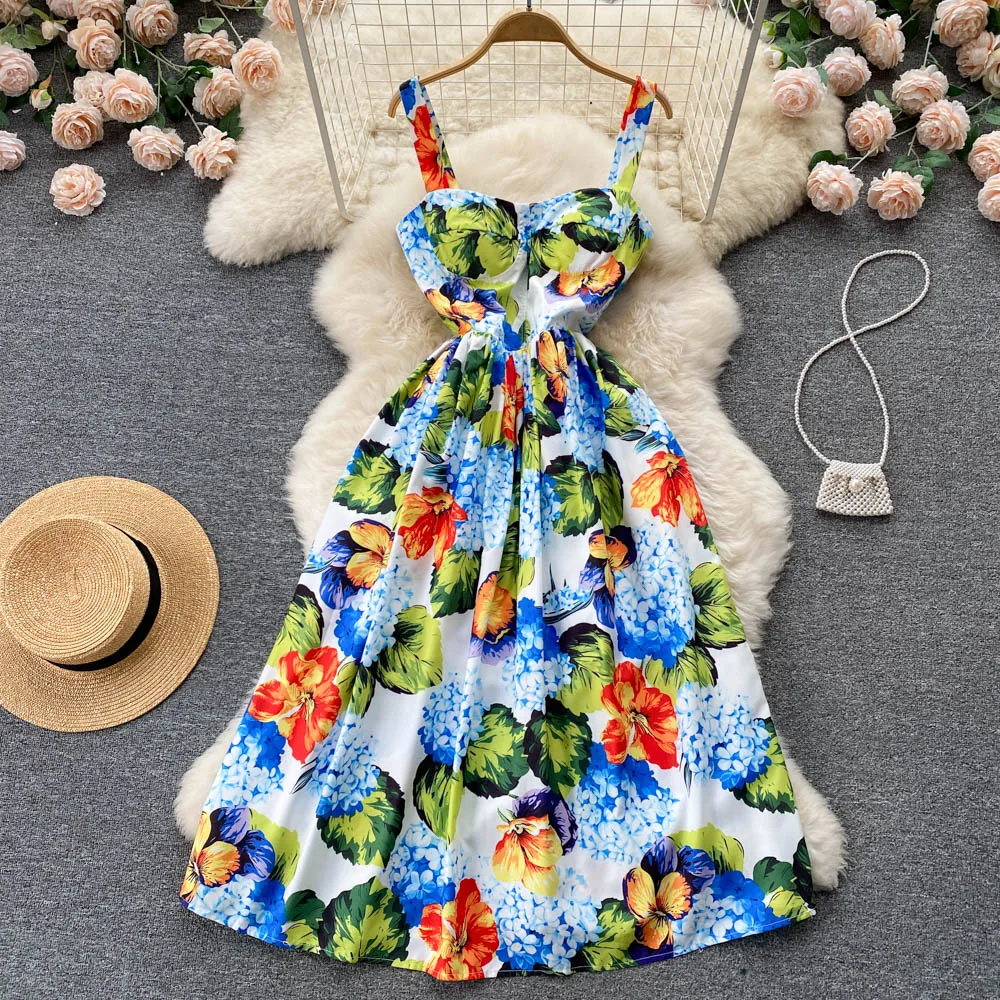 

VANOVICH European and American Style Fashion Print Mid-length Dress High Waist Temperament Sweet A-line Spaghetti Strap Dress
