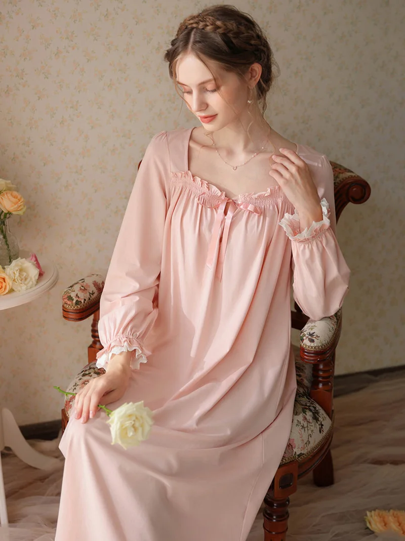 Women Lingerie Vintage Nightie Princess Dresses Cotton Loose Nightdress Ruffle Lace Long Sleeve Sleepwear Nightgown Home Clothes