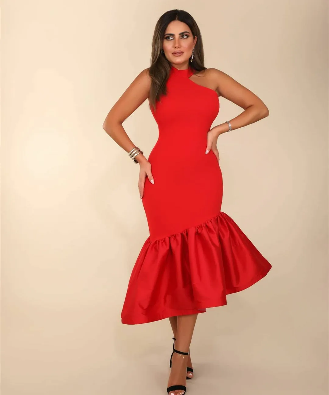 

Классические красные платья из тафты для встречи выпускников для подростков 2023, плиссированное вечернее платье с воротником-халтер в стиле русалки длиной ниже колена