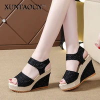 women sandals new summer fashion lace hollow gladiator wedges shoes woman slides peep toe hook loop solid lady casual