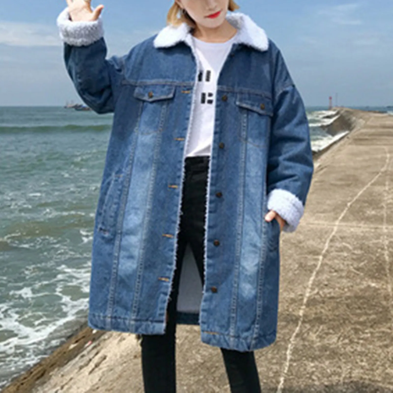 

Winter Womens Jean Coats Thicken Soft Fleece Long Denim Coat Punk Light Womens Jacket with Hood Dank Jackets Short Sleeve Jacket