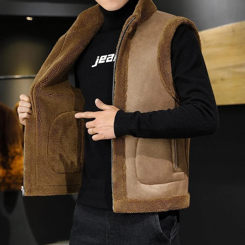 

On Lamb Winter Be Casual Sleeveless New Worn Men Thicken Wool Sides Both Warm Coat Fashion Waistcoat Can Vest Jacket Male Gilets