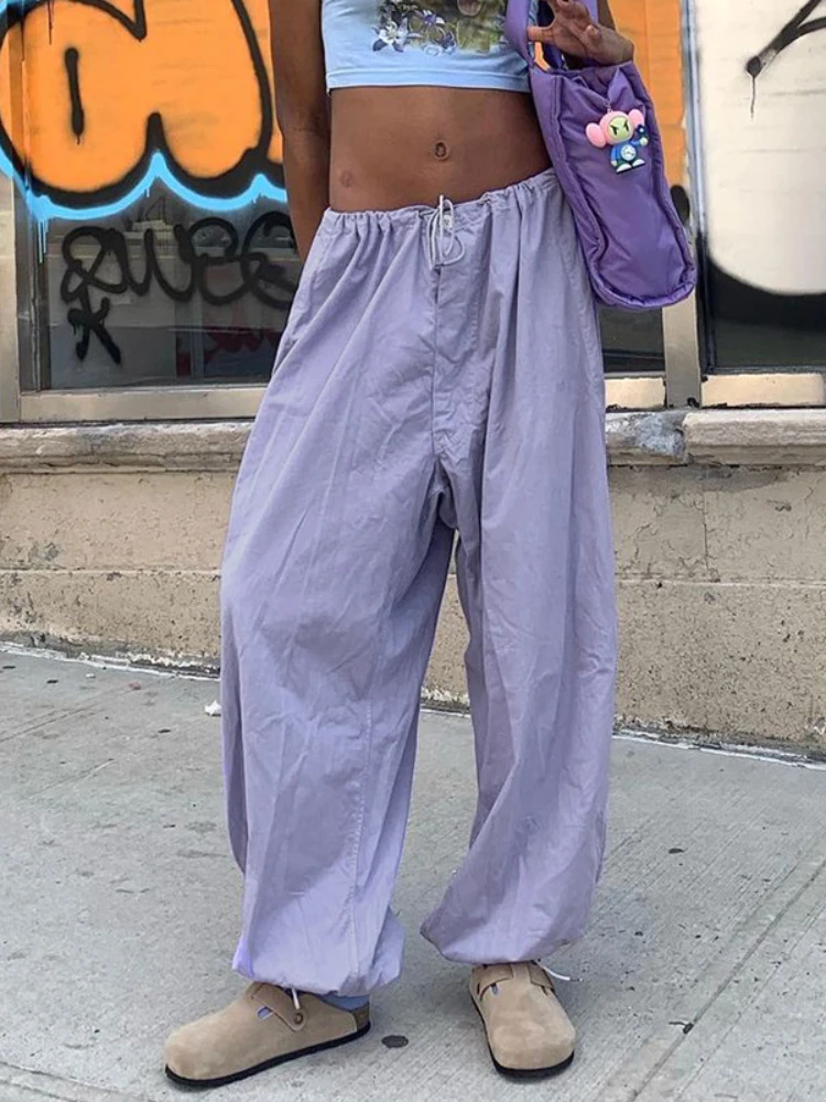 

Taro Purple Women Work Pants 2022 New Drawstring Lace-up Low Waist Fashion Streetwear Loose Vintage Bunch Foot Casual Pants