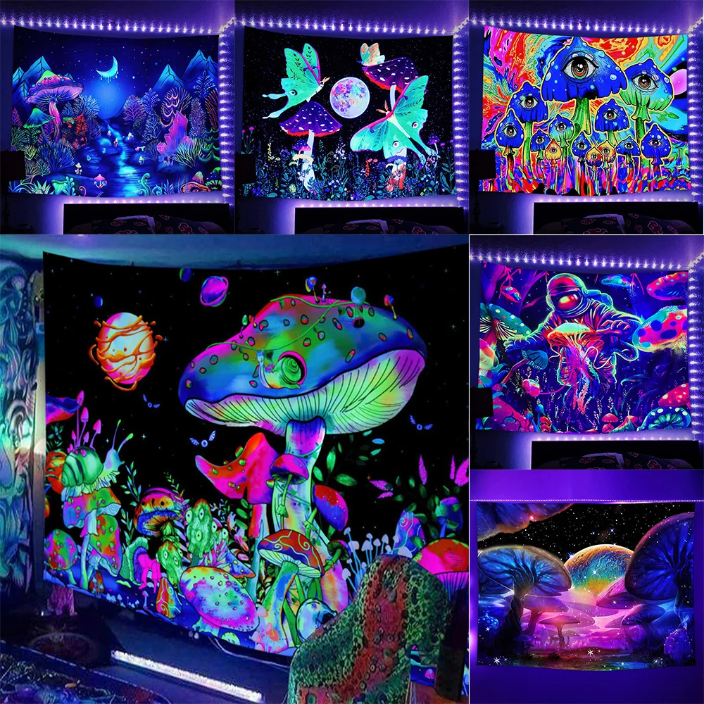 

Fluorescent Tapestry Psychedelic Fluorescent Mushroom Hippie UV Reactive Wall Hanging Home Decor Aesthetics Wall Decor Tapestry