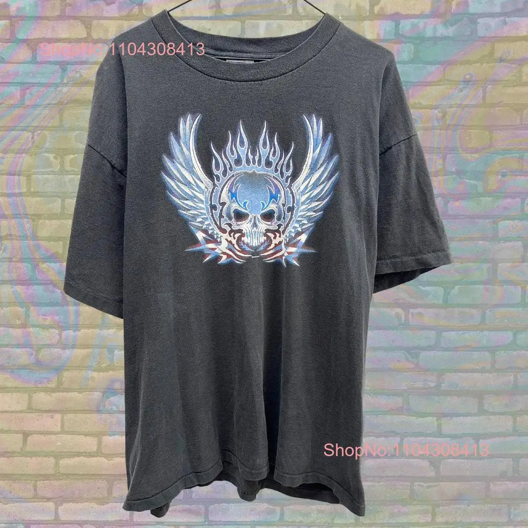 Винтажная футболка с черепом и крыльями пламенем 90-х годов байкерская острая