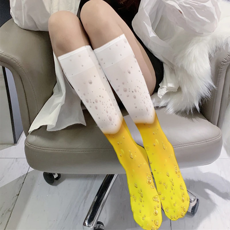 Забавное пиво носки до середины икры с 3D принтом тонкие летние эластичные