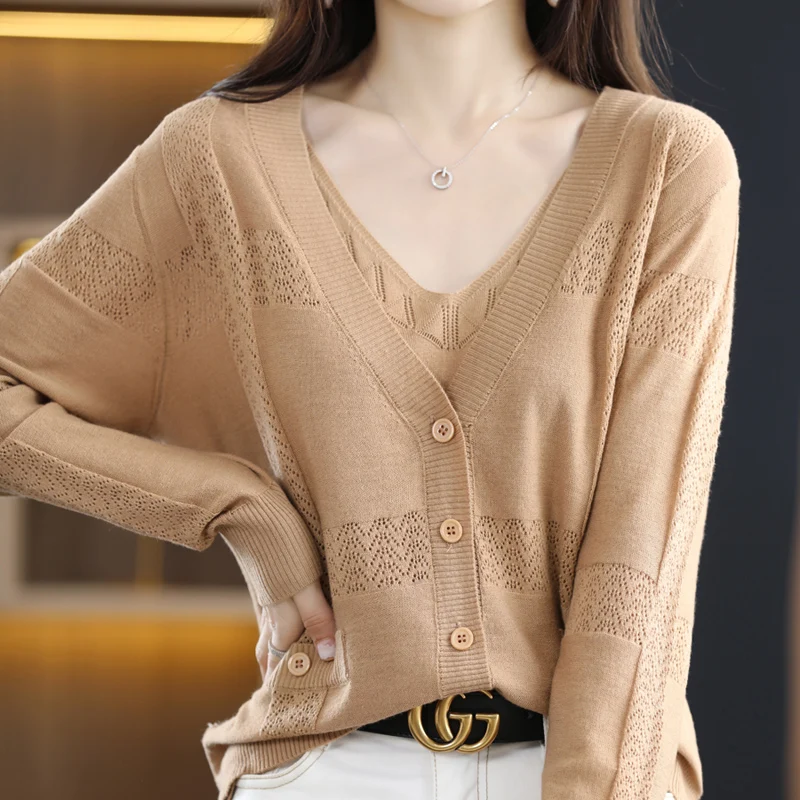 

100% Worsted Wool Hollow Cardigan V-neck Thin Air-conditioned Jacket 22 Spring / Autumn Wool Solid color Long-sleeved Outer Tops