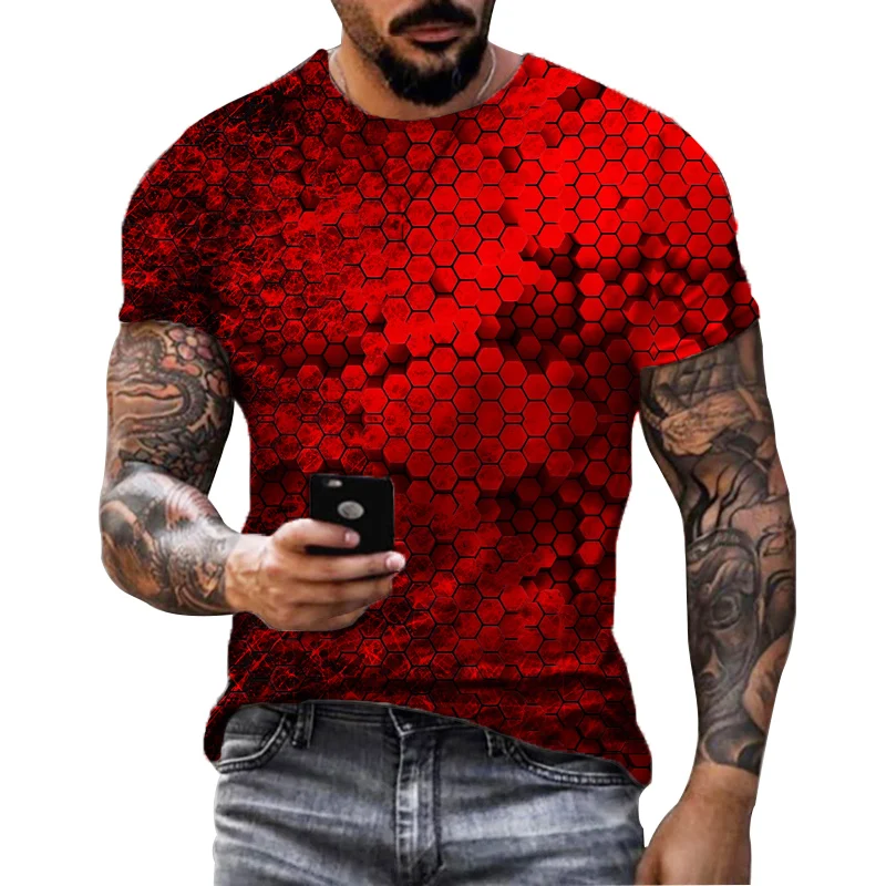 

3d Tshirt Honeycomb T-shirt Men Tshirts Casual Red Graphic Clothes Mens Clothing Hip hop Printed Style O-Neck
