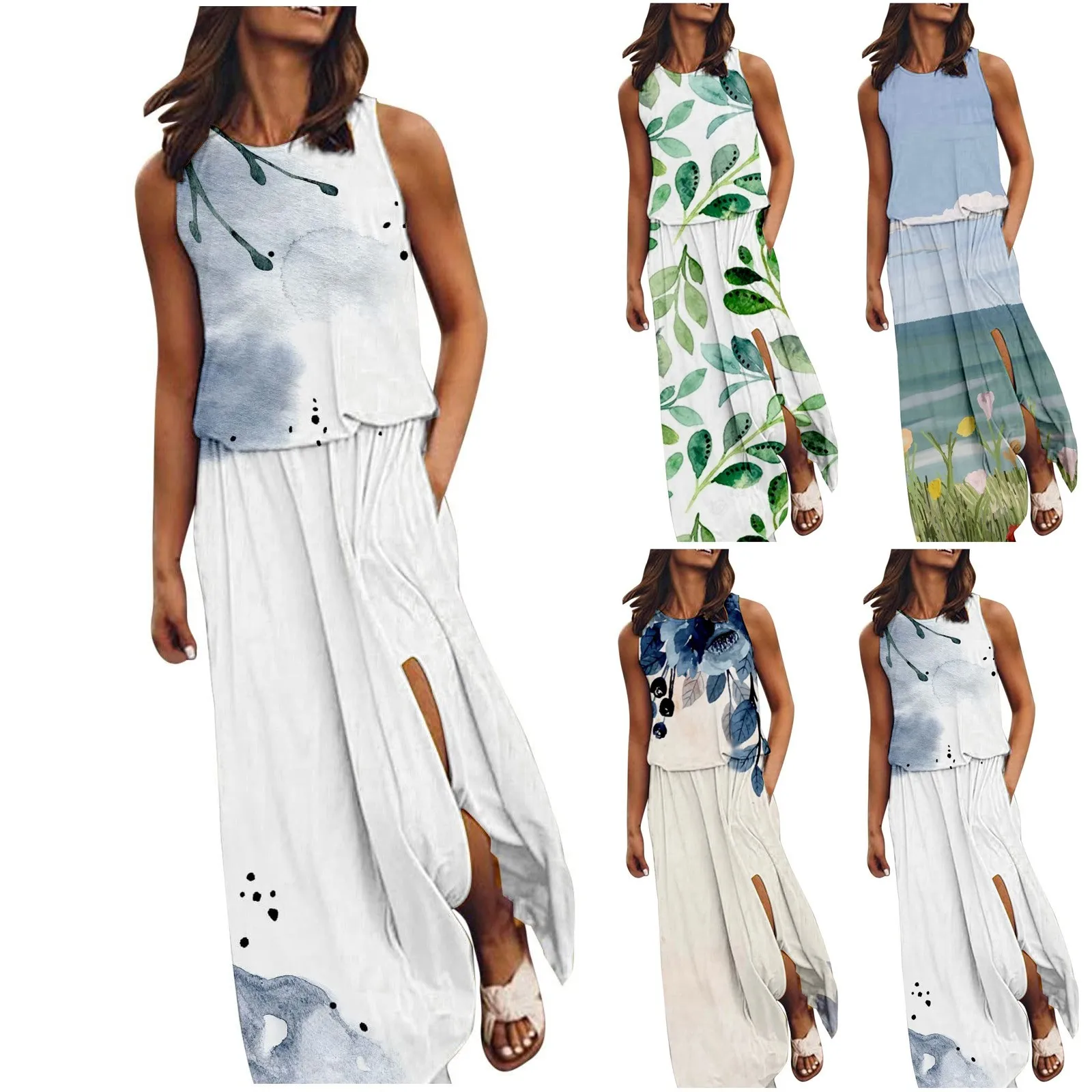 

Women'S Dress With Elastic Waistband Stitching Holiday Printed Pattern Split Sexy Dress Summer Beach Dress Women 2023 Vestidos