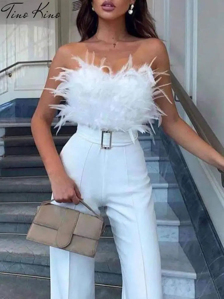 Комбинезон женский с перьями пикантный Элегантный Пушистый комбинезон открытой