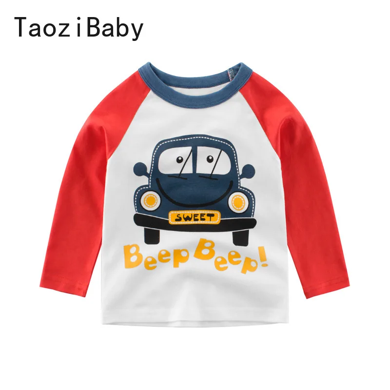 

Футболка для мальчиков, новинка весны, Детская футболка с длинным рукавом, детский контрастный топ с мультипликационным автомобилем