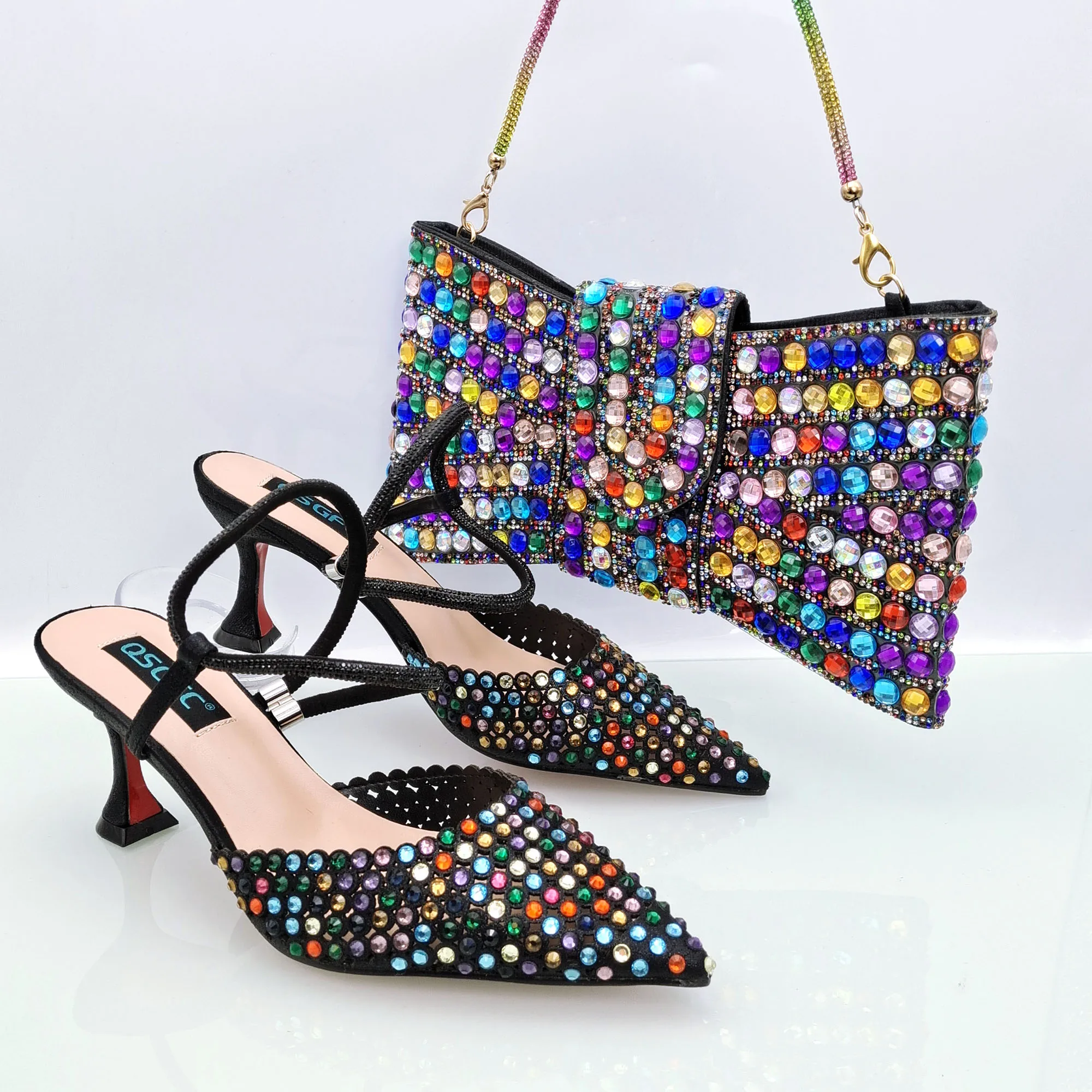 

Rainbow Black Italian Design African Ladies Party Shoes and Bag Nigerian Fashion Lace Mini Bags and Mid Heel Pointed Shoes