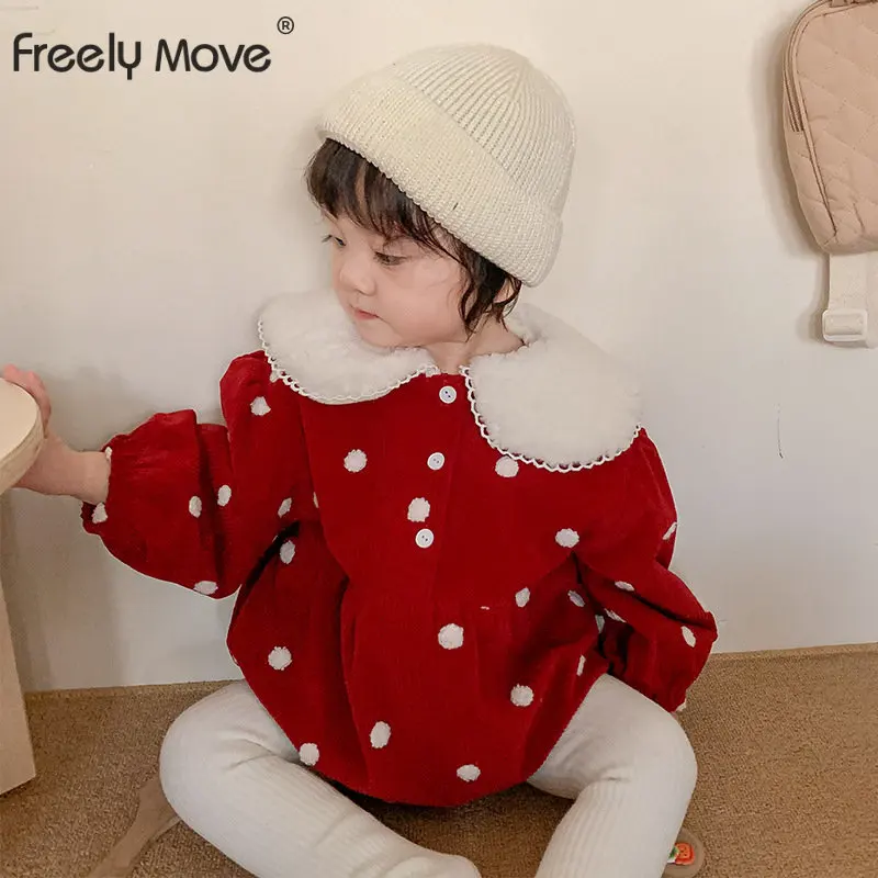 

Freely Move Winter Infant Baby Girl Romper Cotton White Dot Printed Doll Wool Lapel Bottom Button Long Sleeve Warm Jumpsuit