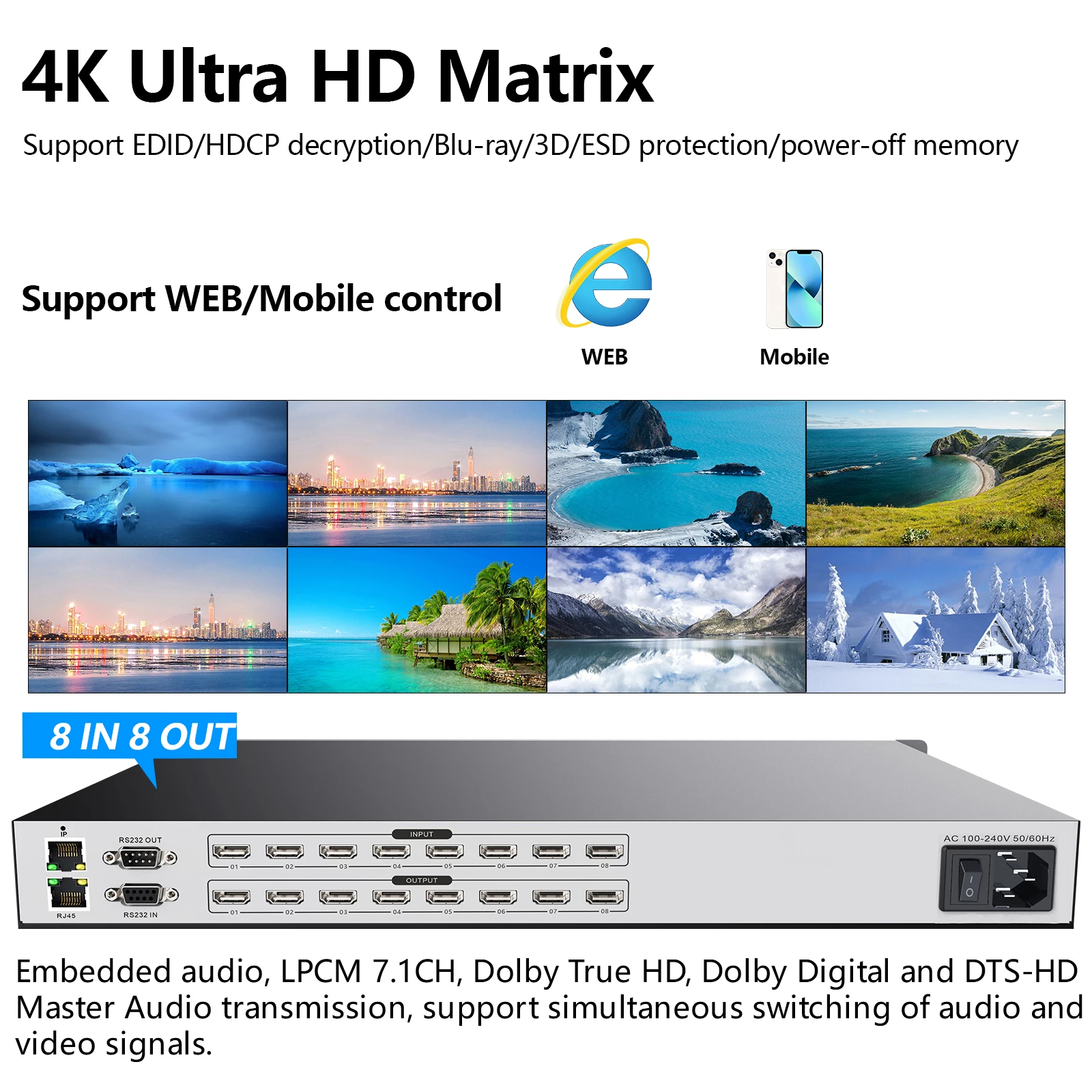 

Profesional Matrix Switch Splitter 8x8 4K 30Hz 1080P120Hz HDMI-compatible 8in 8out HDCP Blu-ray 3D WEB/Panel/Remote Control