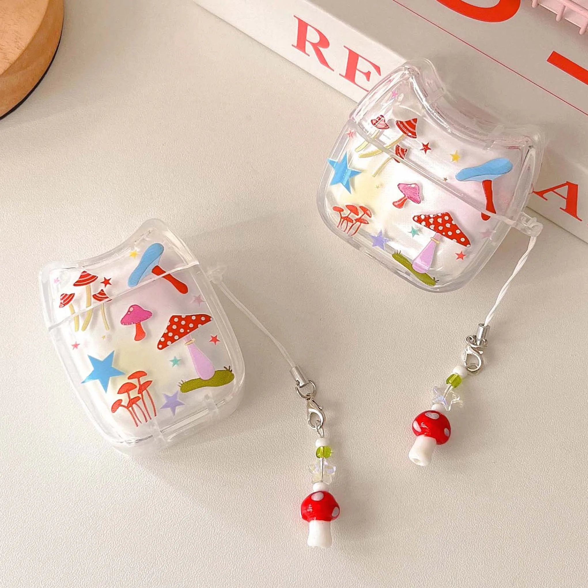 Фото Наушники в виде цветных грибов с изображением звезд и кошек для apple airpods 3 pro 2nd 2 1, Беспроводная bluetooth зарядная коробка, чехол №1