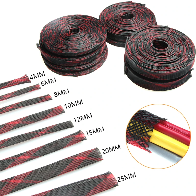 

100M Black red Braid Sleeving 2/4/6/8/10/12/15/20/25mm Tight Wire Cable Protection Expandable Cable Sleeve Wire Gland Insulated