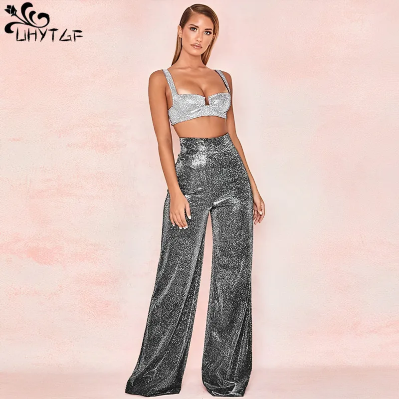 

Брюки UHYTGF для женщин, одежда на весну и осень, новые серебристые прямые модные повседневные женские брюки с широкими штанинами и высокой талией, 411