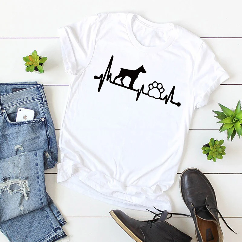 

Женские футболки, топы, одежда с изображением мультяшных собачьих лап, ЭКГ, женские футболки с коротким рукавом, топы, летняя белая футболка ...