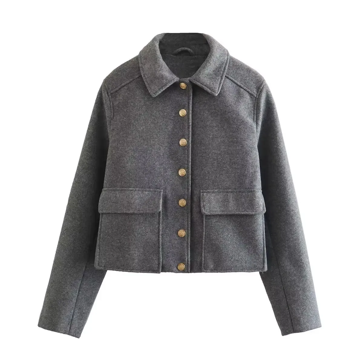 

Осенняя искусственная текстура металлические пуговицы воротник поло шерстяная куртка пальто женский простой стиль повседневные короткие топы шерстяное пальто