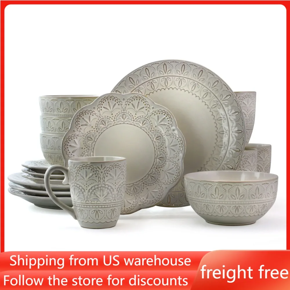 

Tableware Set of Plates Dinner Sets Free Shipping White Lace 16 Piece Luxurious Stoneware Dinnerware With Complete Setting for 4