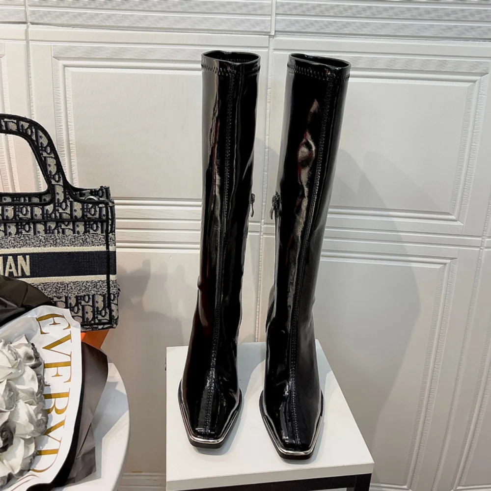 High Heel Women Long Boots High Quality Leather Patent Leather Ladies Zip Knight Boots Fashion High Heel Knee-high Boots