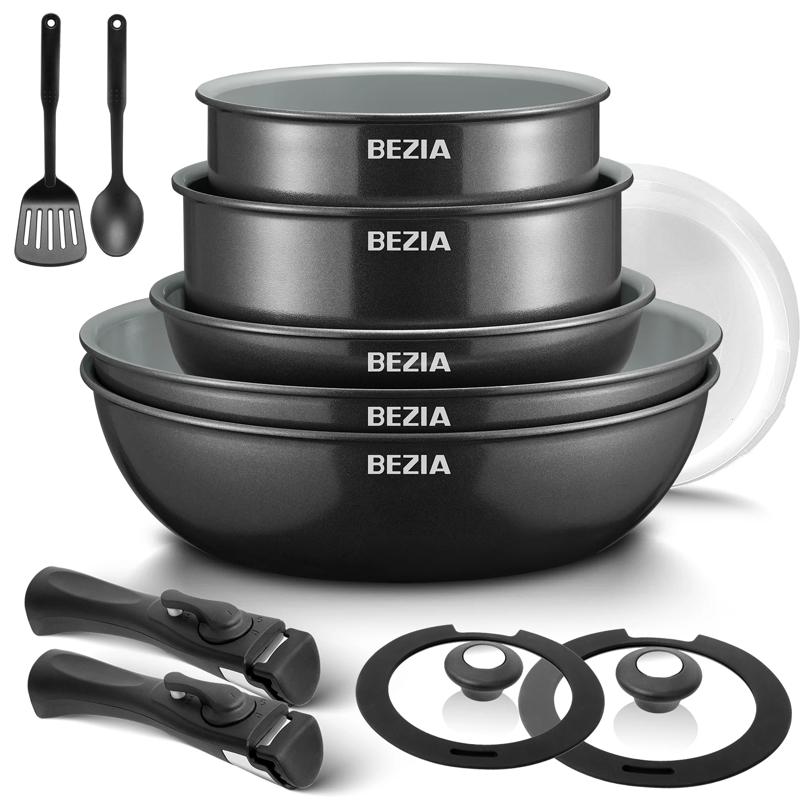 Bezia Induction Cookware with Healthy Ceramic Coating, Nonstick Pots and Pans Set 13pcs with Detachable Handles