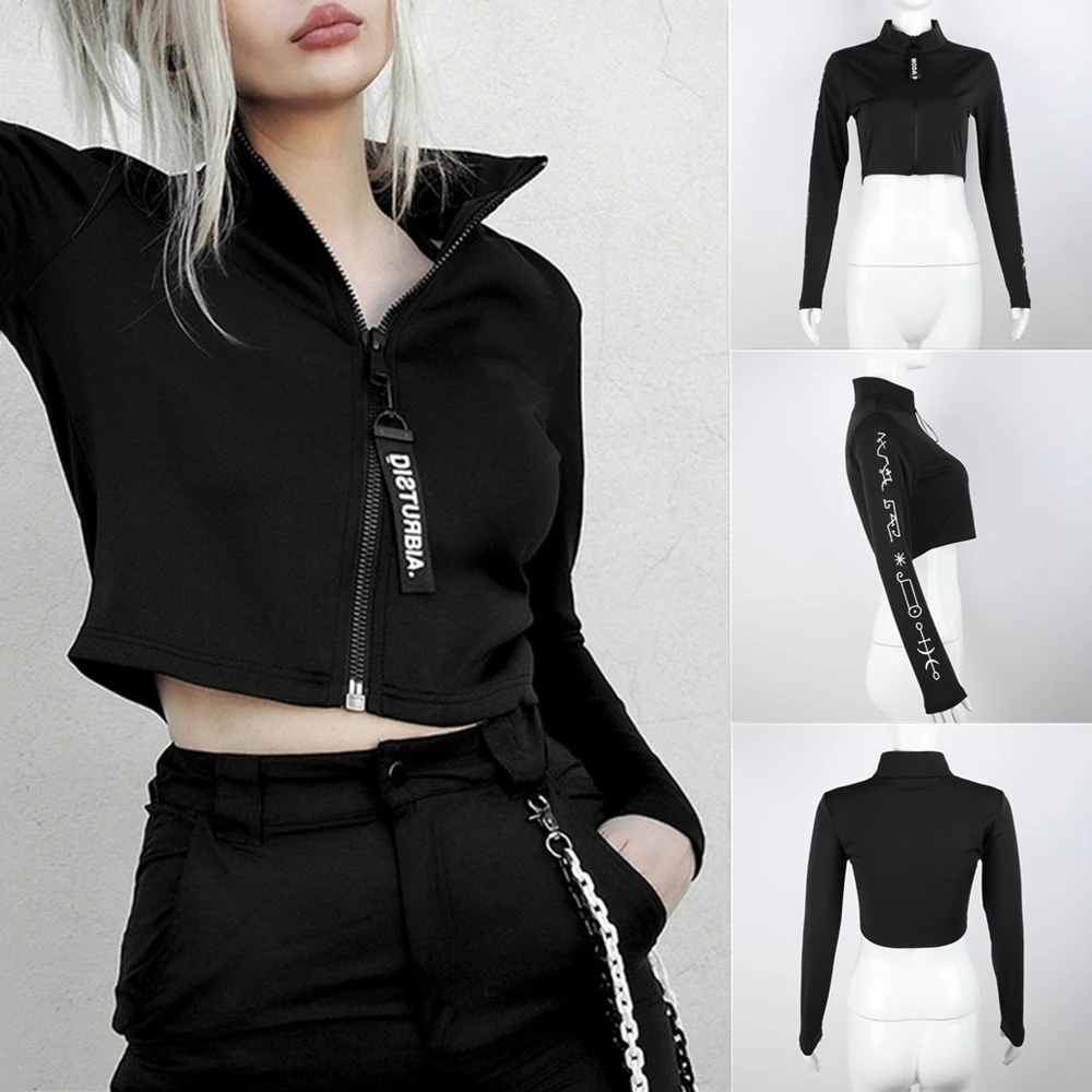 

Сексуальная черная футболка Goth Dark в стиле панк Techwear Y2k, женская футболка с воротником-стойкой и длинным рукавом, женские готические укорочен...
