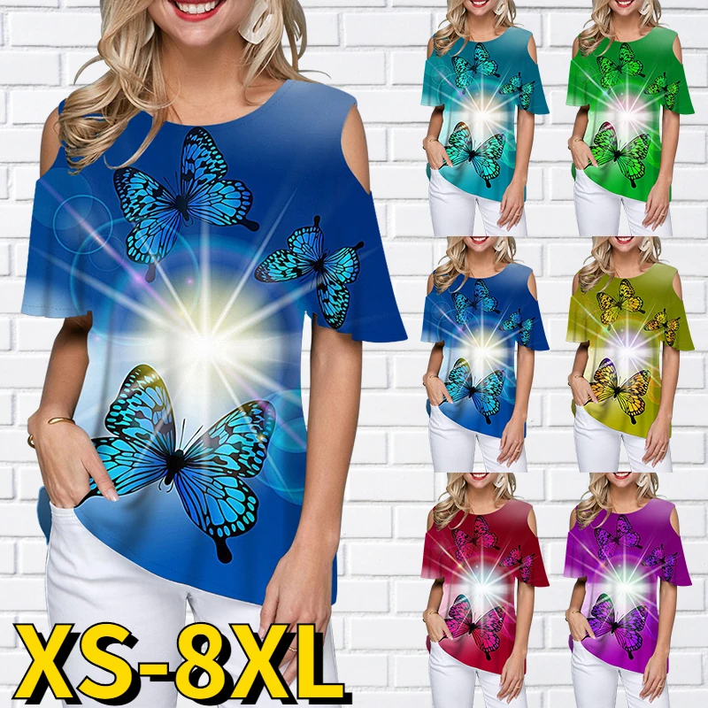 

2022 New Summer Women's Butterfly Print T-shirt Fashion Round Collar and Bare Shoulders Short Sleeve Daily Loose Pullover Tops