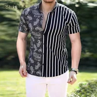 samlona plus size 3xl men short sleeve fashion 3d printed tops open stitch blouse 2022 summer new sexy patchwork shirts clothing