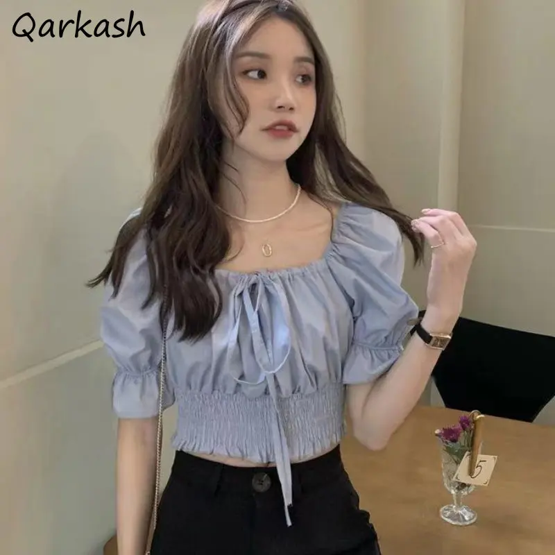 

Blouses Women Sexy Puff Sleeve Vintage Crop Tops Summer Simple Streetwear French Style Lady Elegant Holiday Dating Casual Tender