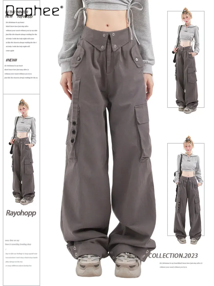 Women's Spring Hot Girl Overalls Trousers American Korean Style Streetwear Women Flip Waist Wide Leg Straight Pants Femininas