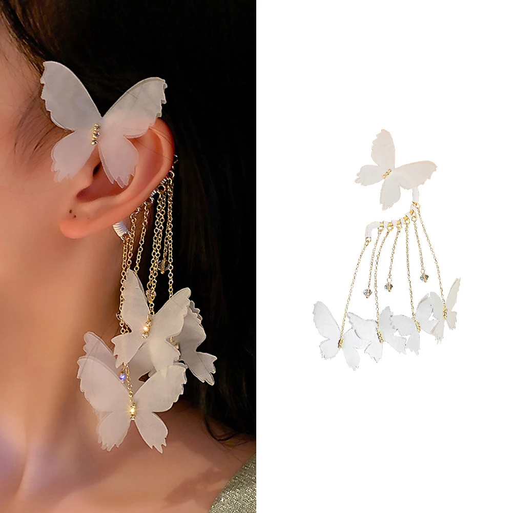 

2022 New Trendy Long Butterfly Clip Earrings Ear Hook Pearl Ear Clips Without Pierced Ears Chain Earrings Women Girls Jewelry