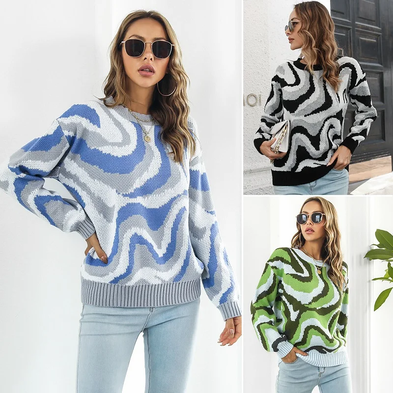 

Women Autumn Winter New European American O-neck Tie Dyed Jacquard Sweater Ladies Wear Loose Long Sleeve Casual Vintage Knitwear