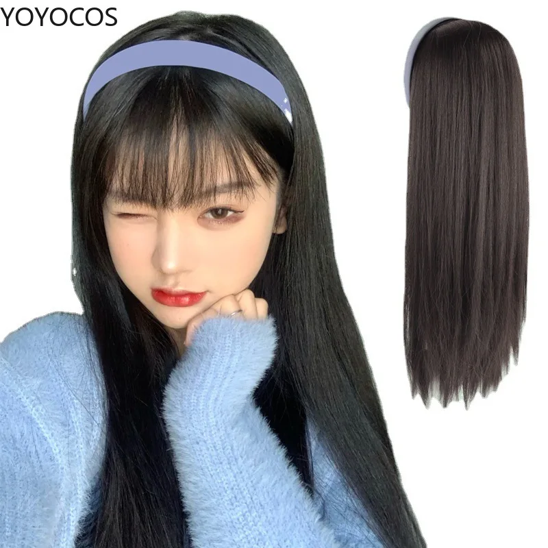

YOYOCOS Wig with Bangs Short Bob Human Hair Wigs for Women Cheap Brazilian Straight Black Long Fringe Wig with Headband New 2021
