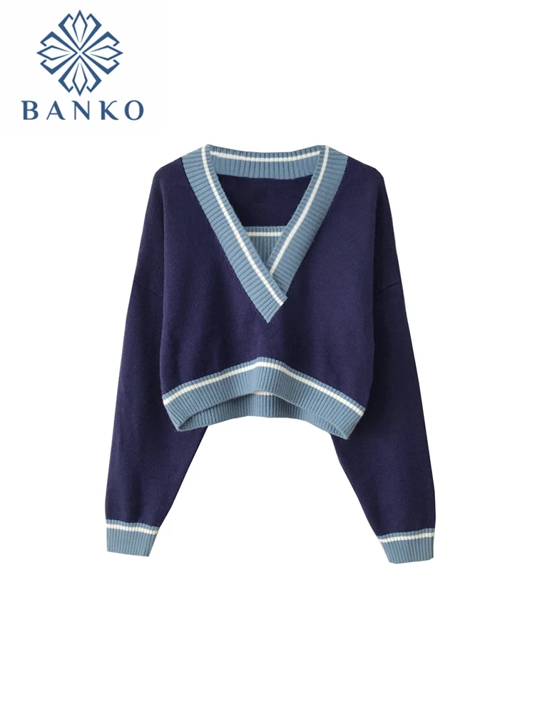 

2022 Autumn Winter Women Korean Style Loose V-neck Knitted Sweaters Fashion Long Sleeve Simplicity Blue Knitwear Woolen Sweater