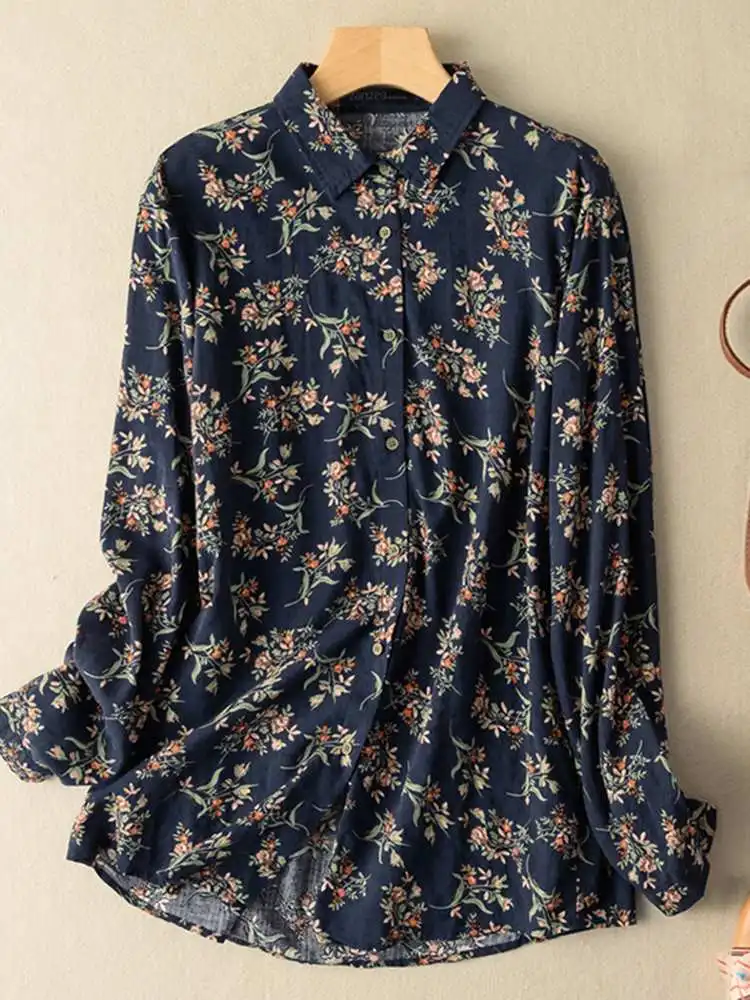 

2022 Women Vintage Printed Shirt OL Blouse ZANZEA Oversized Spring Autumn Long Sleeve Tops Tunic Casual Lady Baggy Blusa Chemise