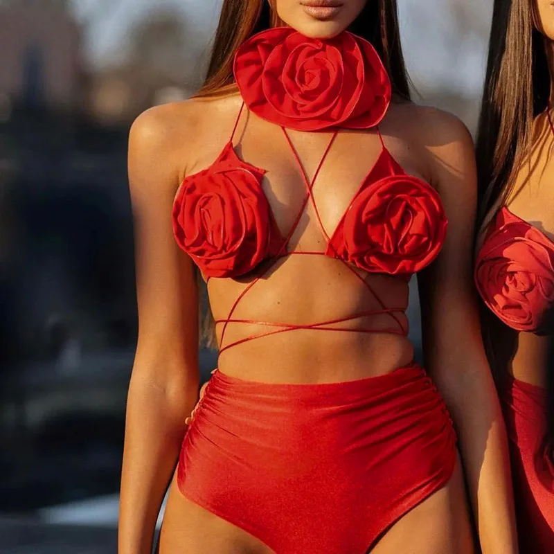 

Red Sexy Up Bikini Set Swimwears Three-dimensional Flowers Suit Summer Casual Beachwear Women Suspenders Bathing Suits