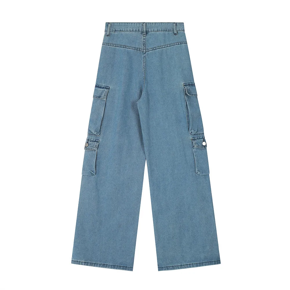 Джинсы мужские с множеством карманов свободные прямые брюки из денима стильные