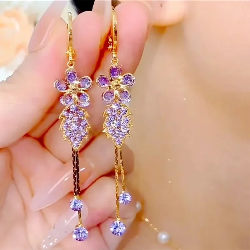 Изысканные серьги с фиолетовым цирконом цветочные листья длинные кисточками для