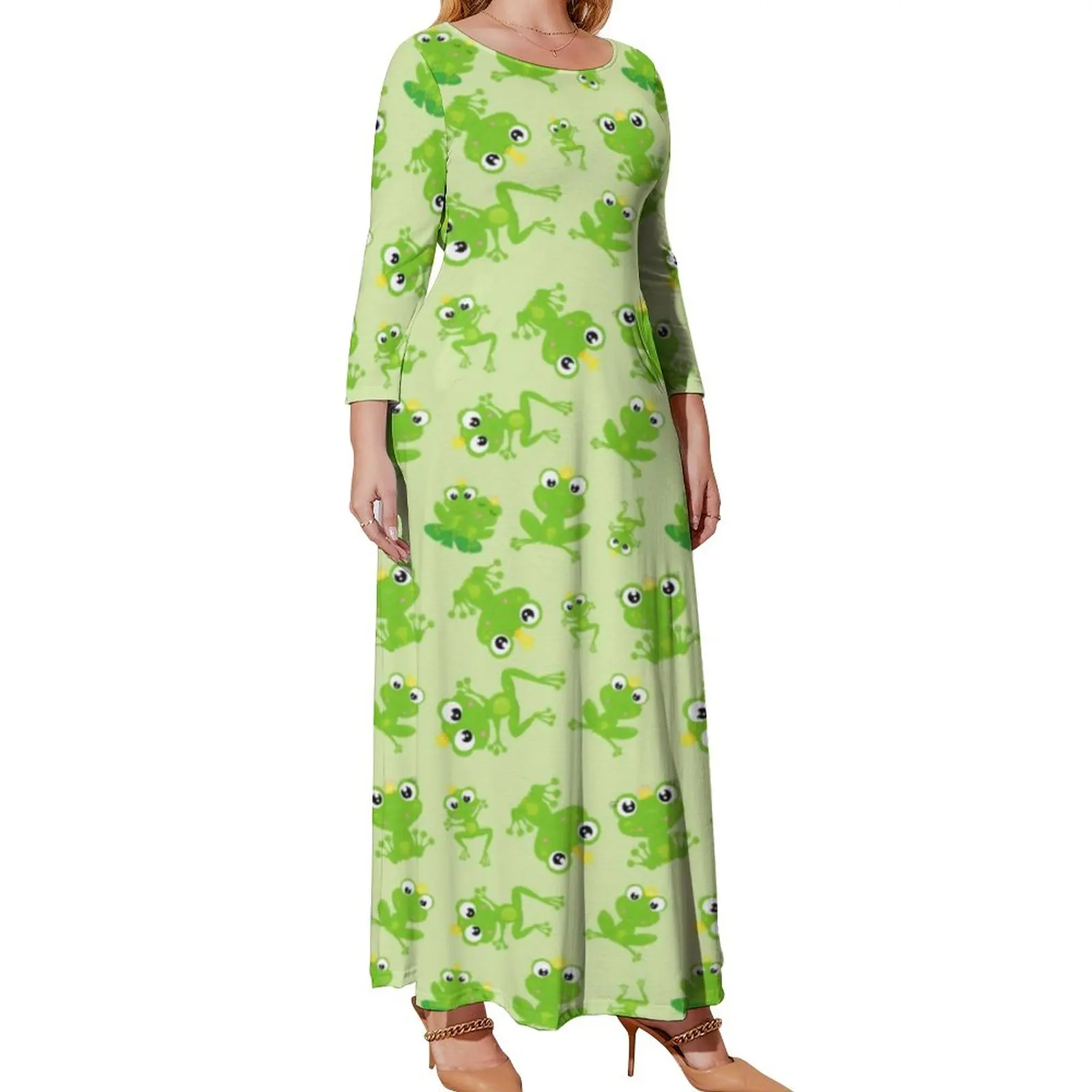 

Cute Frog Dress Green Animal Print Aesthetic Beach Dresses Female Long Sleeve Elegant Maxi Dress Spring Plus Size Clothes