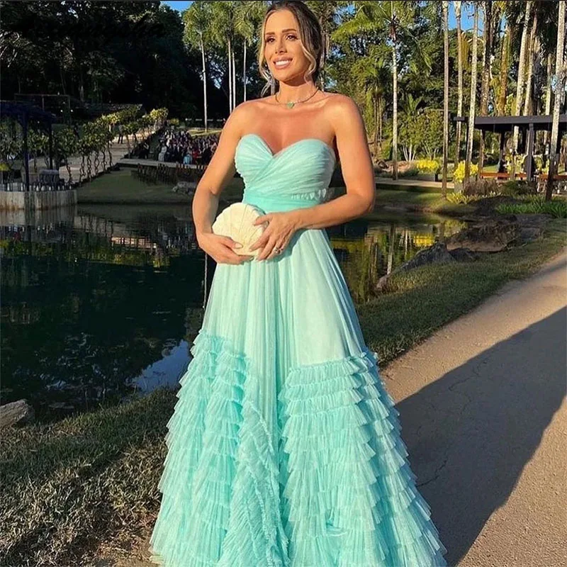 

Aixiangsha Elegant Tiered Ruffles Tulle Prom Dress Sweetheart Sleeveless A-Line Pleat Ruched Evening Gown Special Occasion Gown