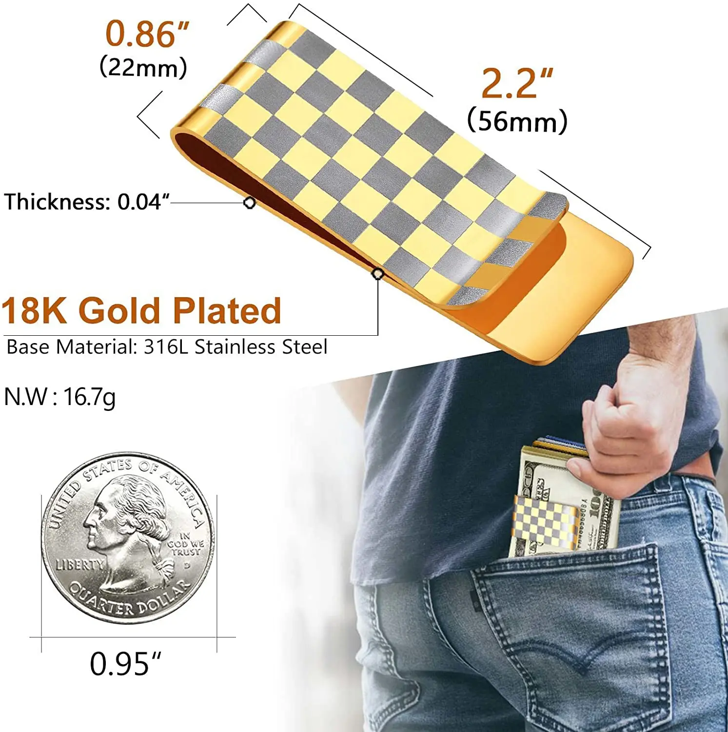 ChainsPro Can Engrave Men Money Clip- America Flag/Baseball Pattern/Box Pattern, Stainless Steel/Gold Plated CP1000 images - 6