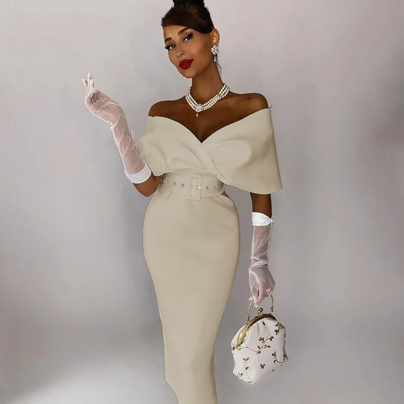 Bandage Dresses for Women 2022 Off Shoulder Elegant Party Ladies Vintage Dress Club Evening with Belt party dresses
