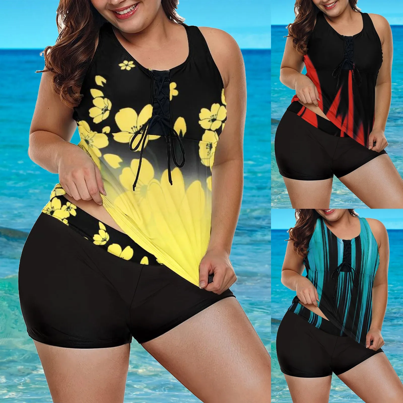 

Womens Racerback Color Block Print Swimsuits With Swim Capris Boyshorts