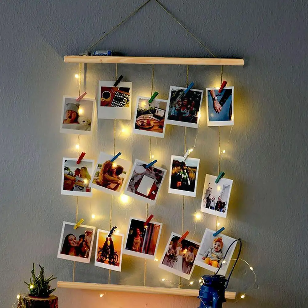 

Handmade Wood Drawstring Illuminated Photo Hanger Clips String Hanging Led Collage Photo Wall Display Clip Frame Light Phot J5N0