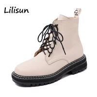 genuine leather ankle boots women lace up platform shoes casual ladies motorcycle white booties zapatos de mujer plus size 43