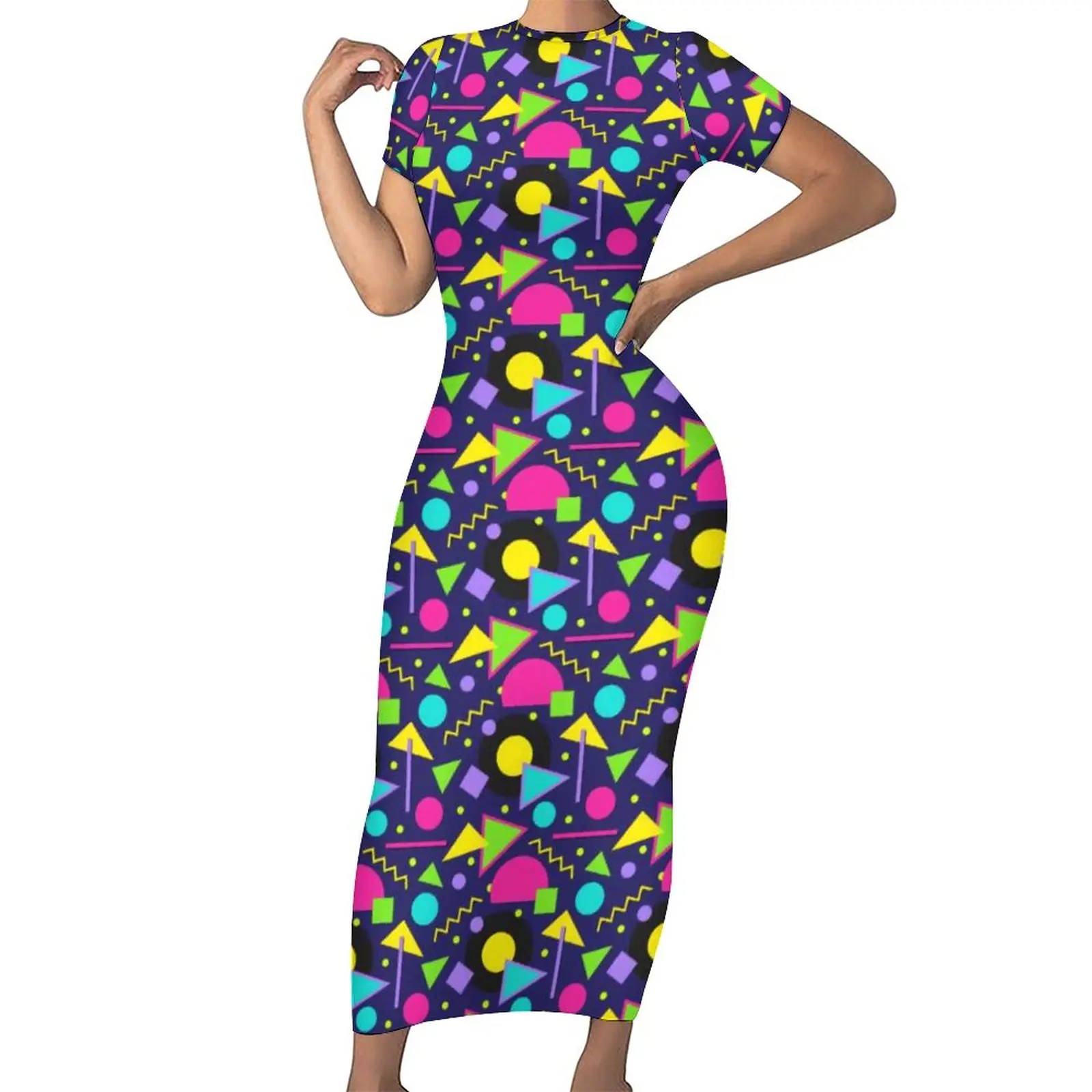 

80S Neon Shapes Dress Short Sleeve Vintage Pattern Street Style Maxi Dresses Sexy Bodycon Dress Womens Graphic Big Size Vestidos